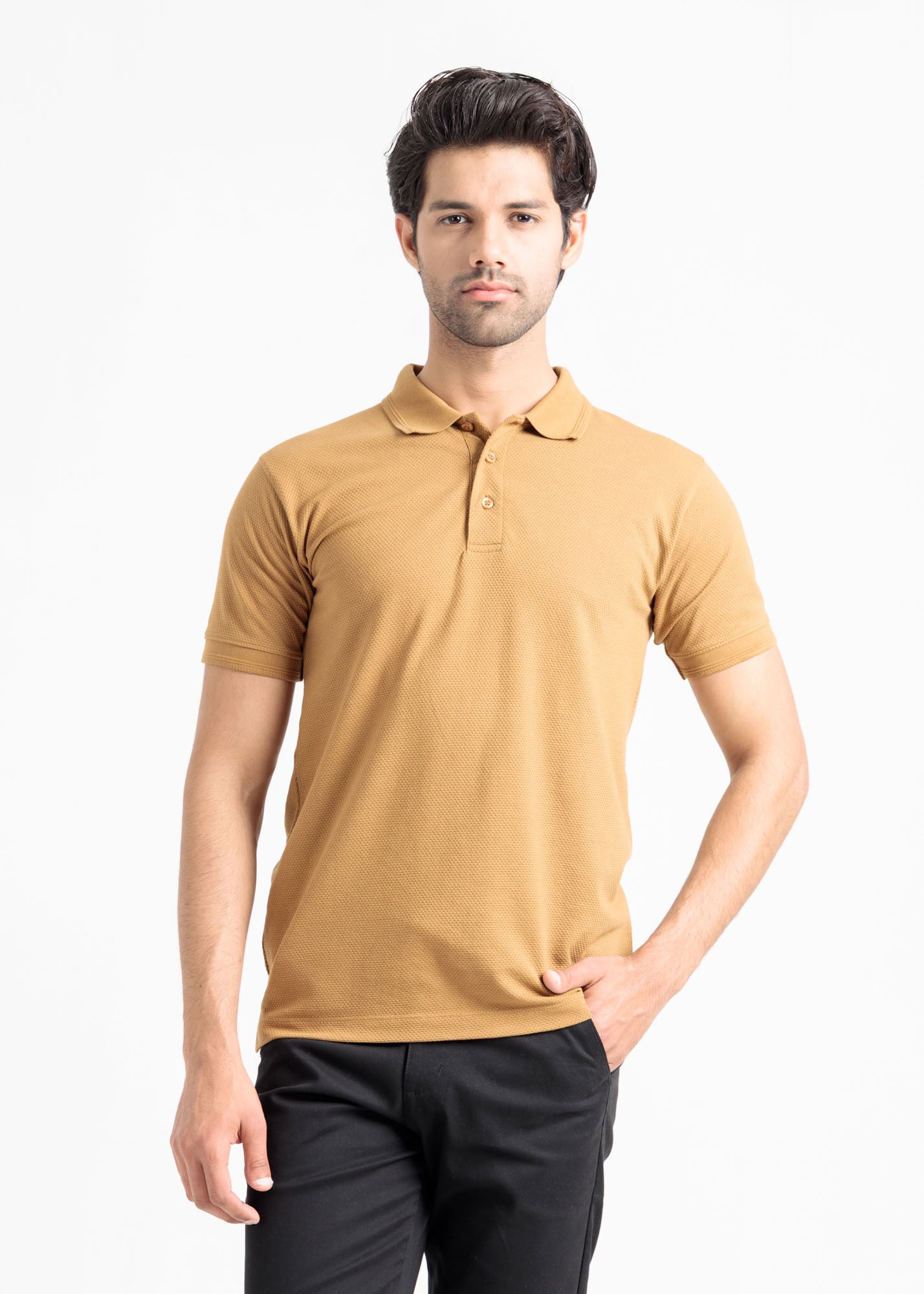 Popcorn Jacquard Polo Shirt — Camel