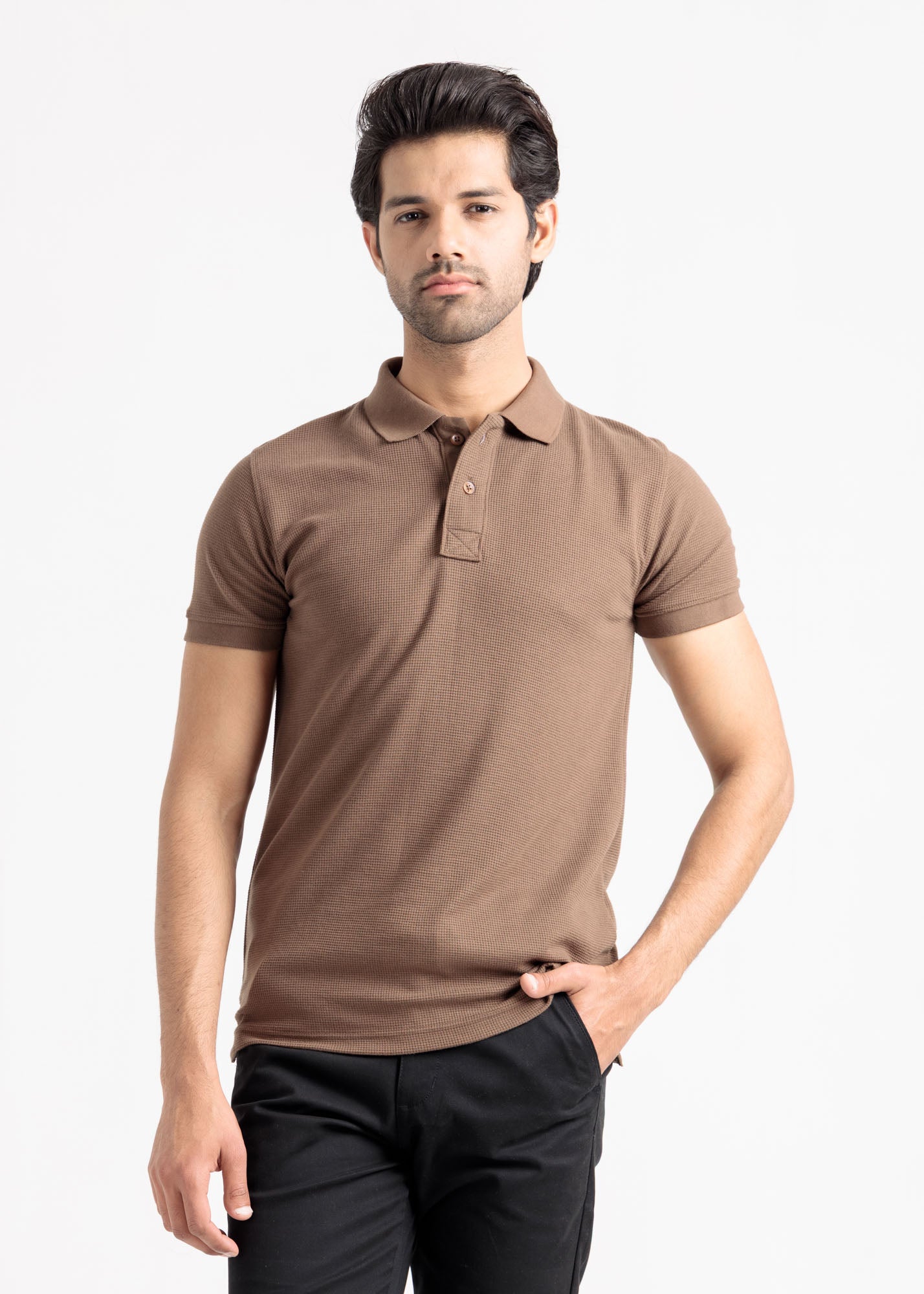 Waffle Knit Polo Shirt — Mocha
