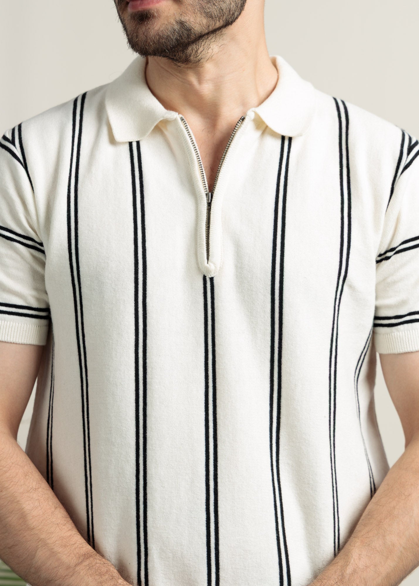 Men's Ribbed Zip Polo – Black on White