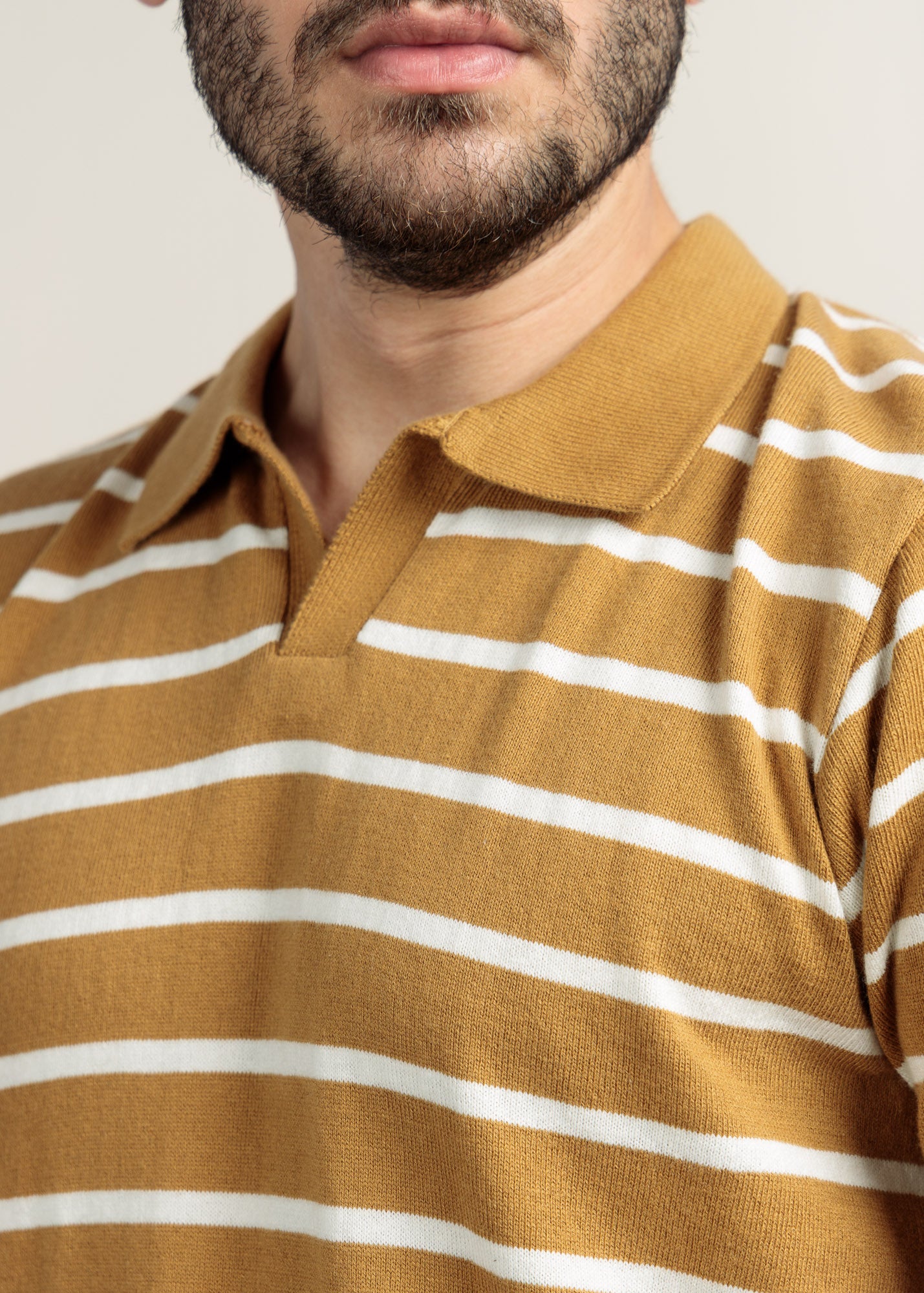 Men's Knit Polo- Golden Brown Stripe