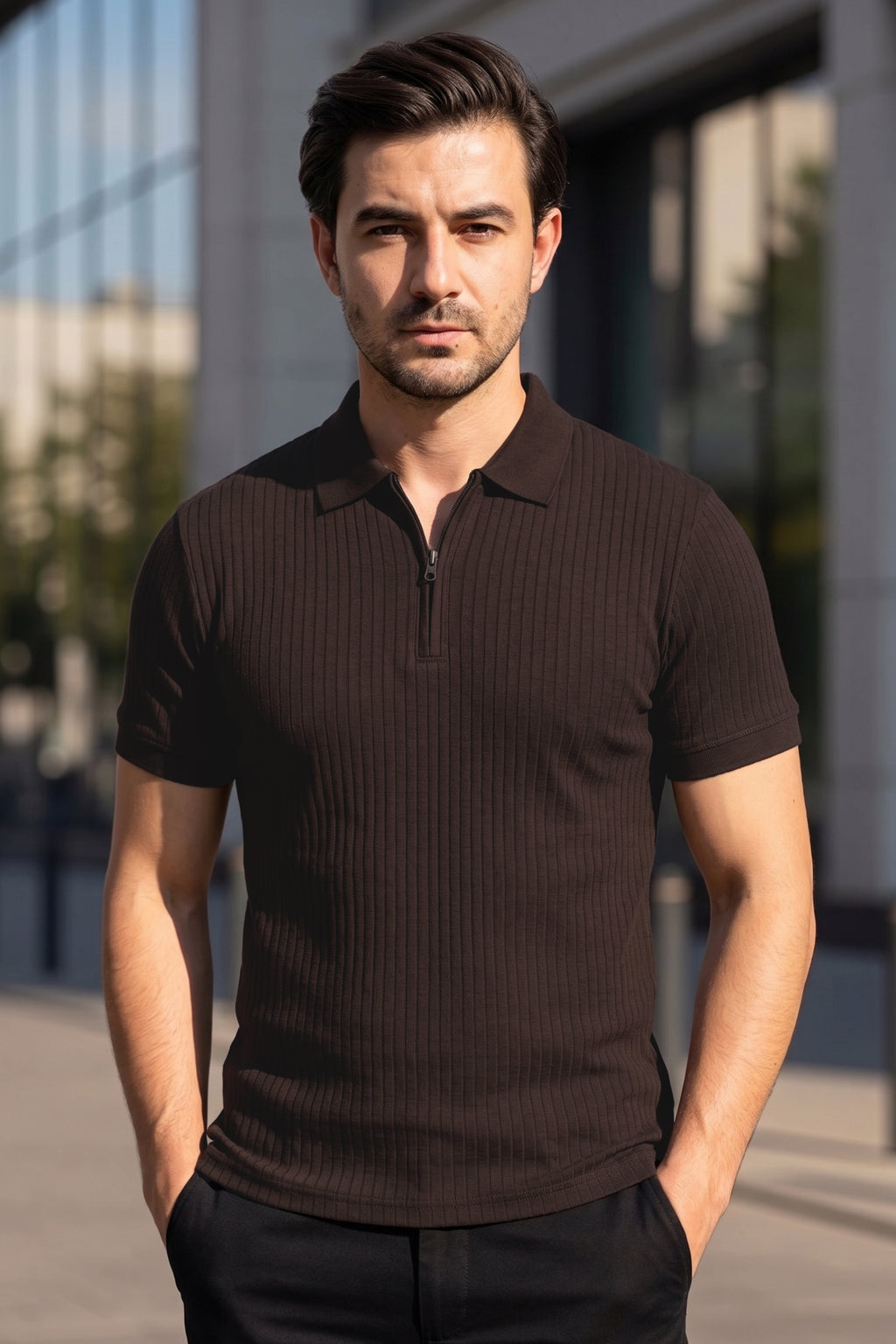 Chocolate Brown Drop Needle Polo Shirt