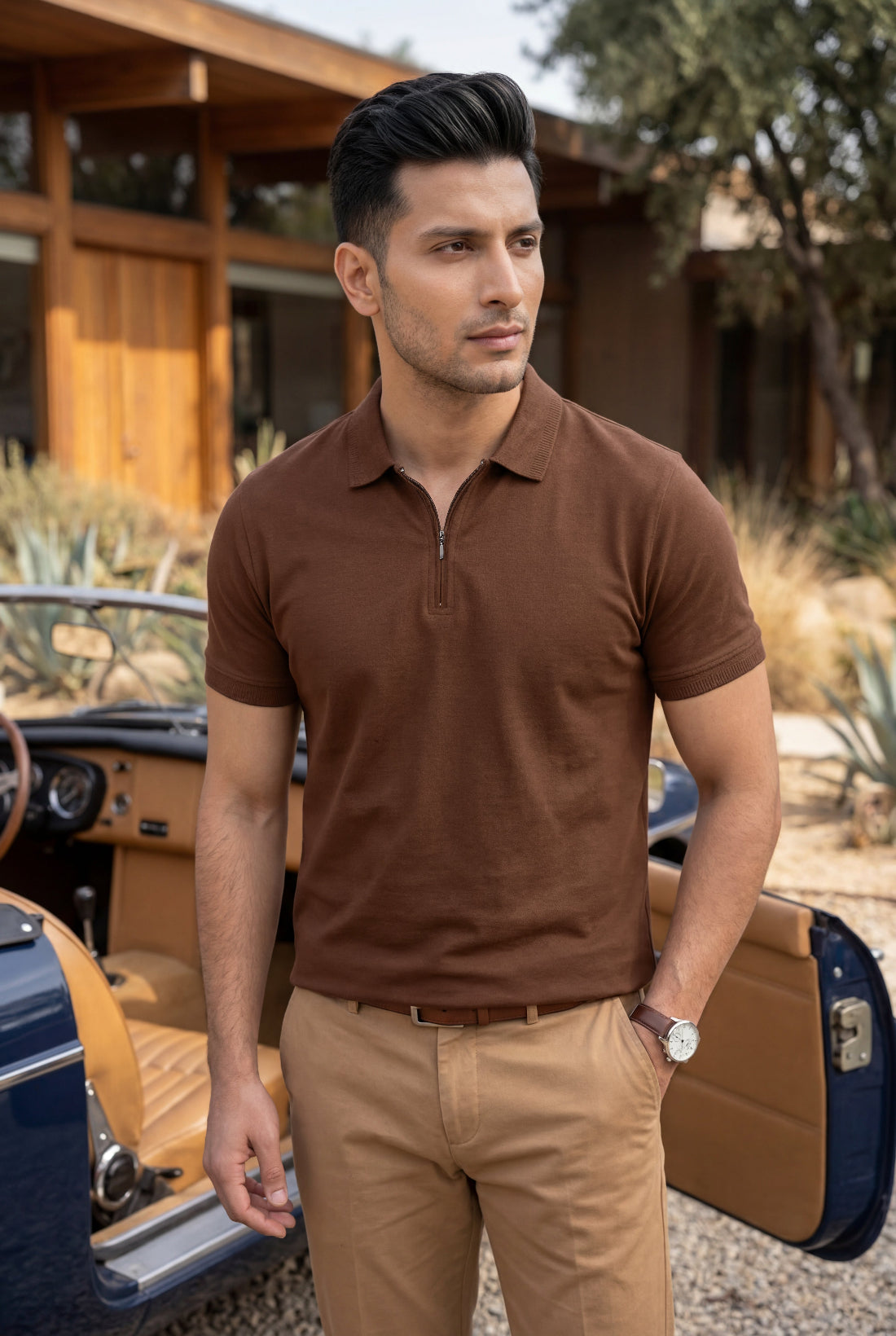 Classic Brown Zip Polo Shirt