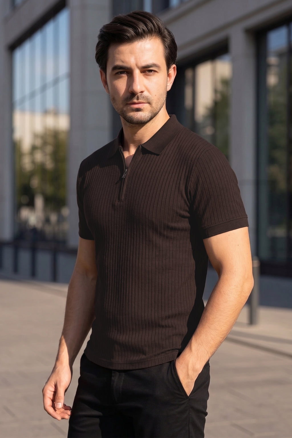 Chocolate Brown Drop Needle Polo Shirt