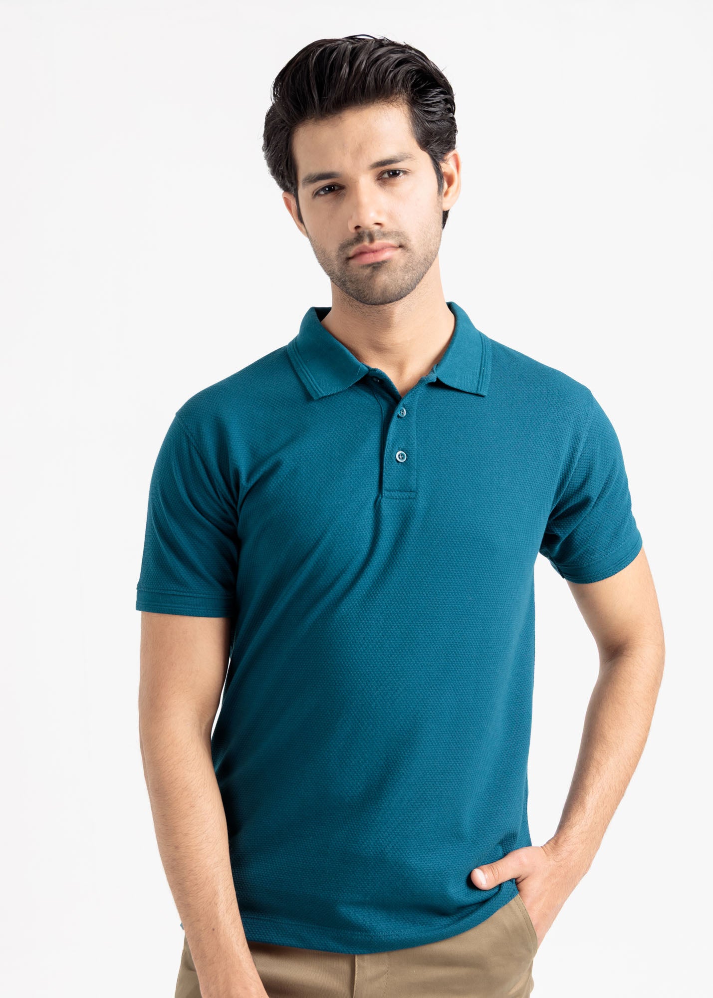 Popcorn Jacquard Polo Shirt — Teal