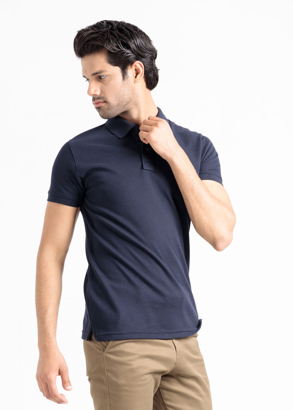 Waffle Knit Polo Shirt — Deep Navy
