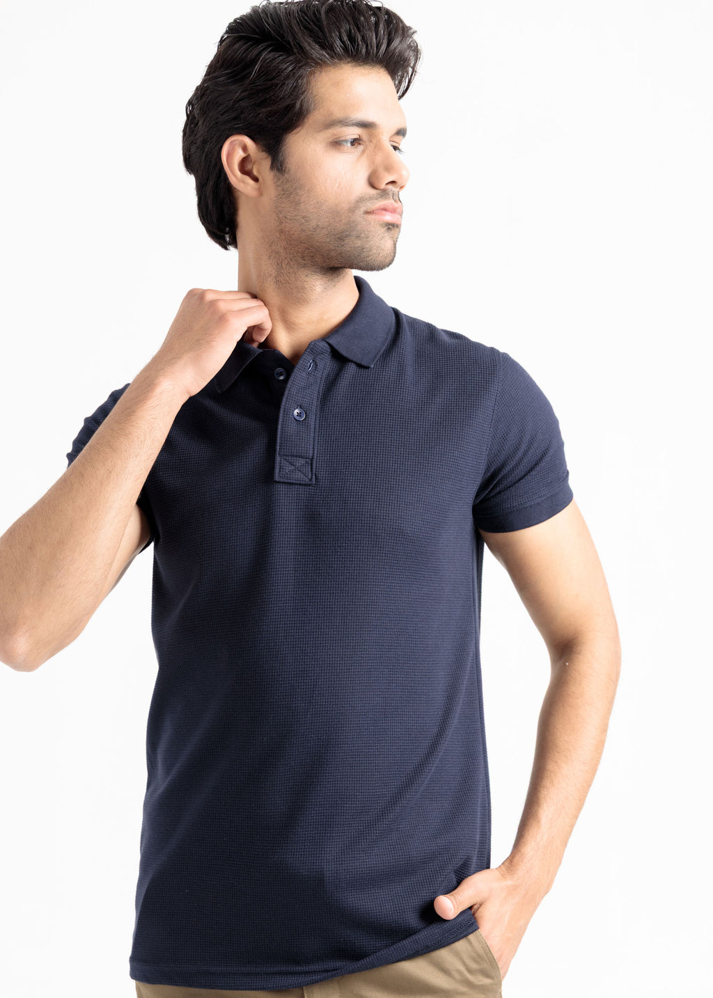 Waffle Knit Polo Shirt — Deep Navy
