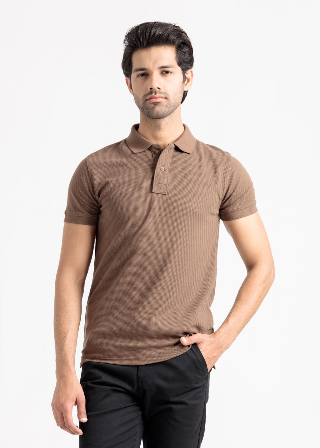 Waffle Knit Polo Shirt — Mocha