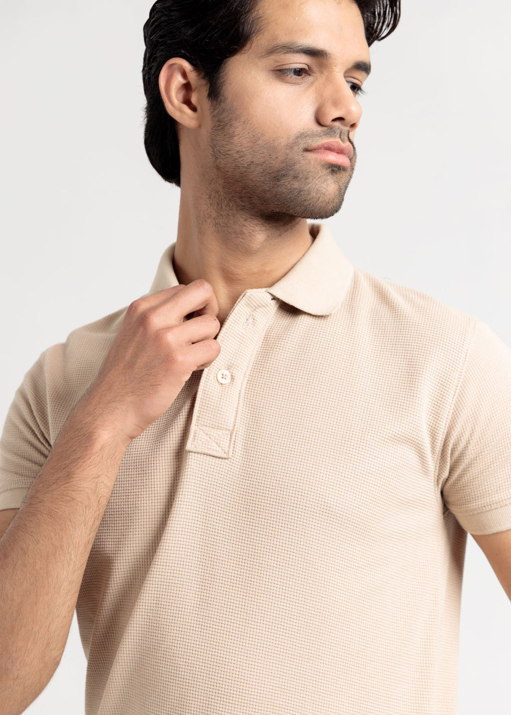 Waffle Knit Polo Shirt — Oatmeal