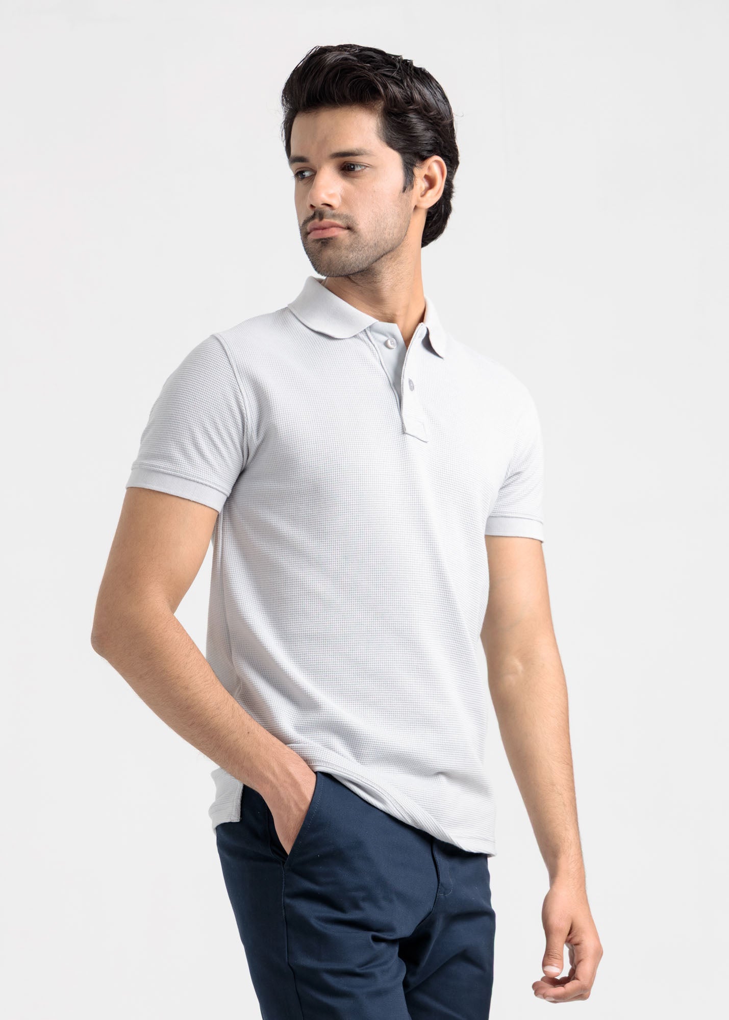 Waffle Knit Polo Shirt — Ice Grey