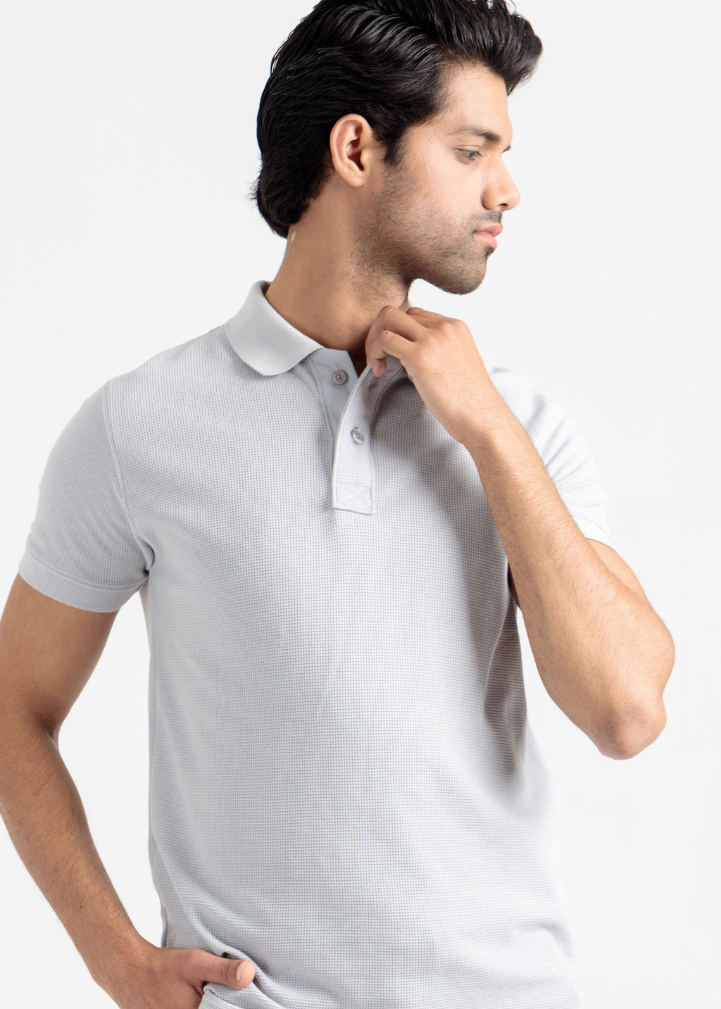 Waffle Knit Polo Shirt — Ice Grey