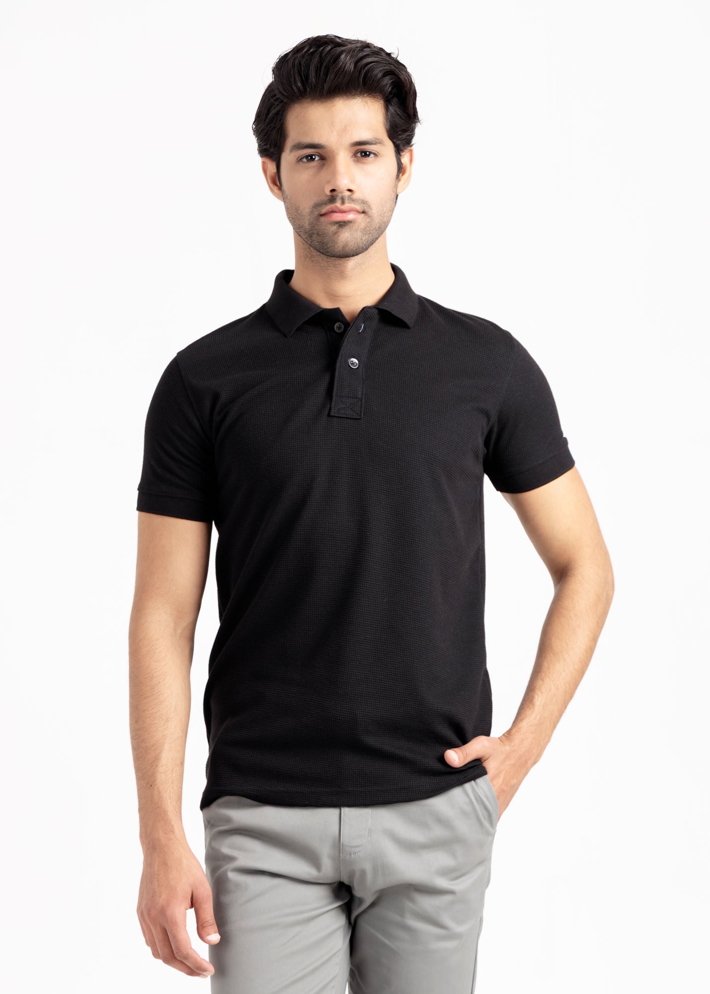Waffle Knit Polo Shirt — Bold Black