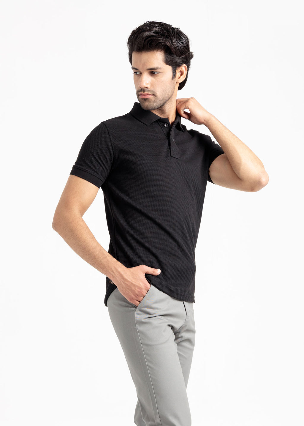 Waffle Knit Polo Shirt — Bold Black