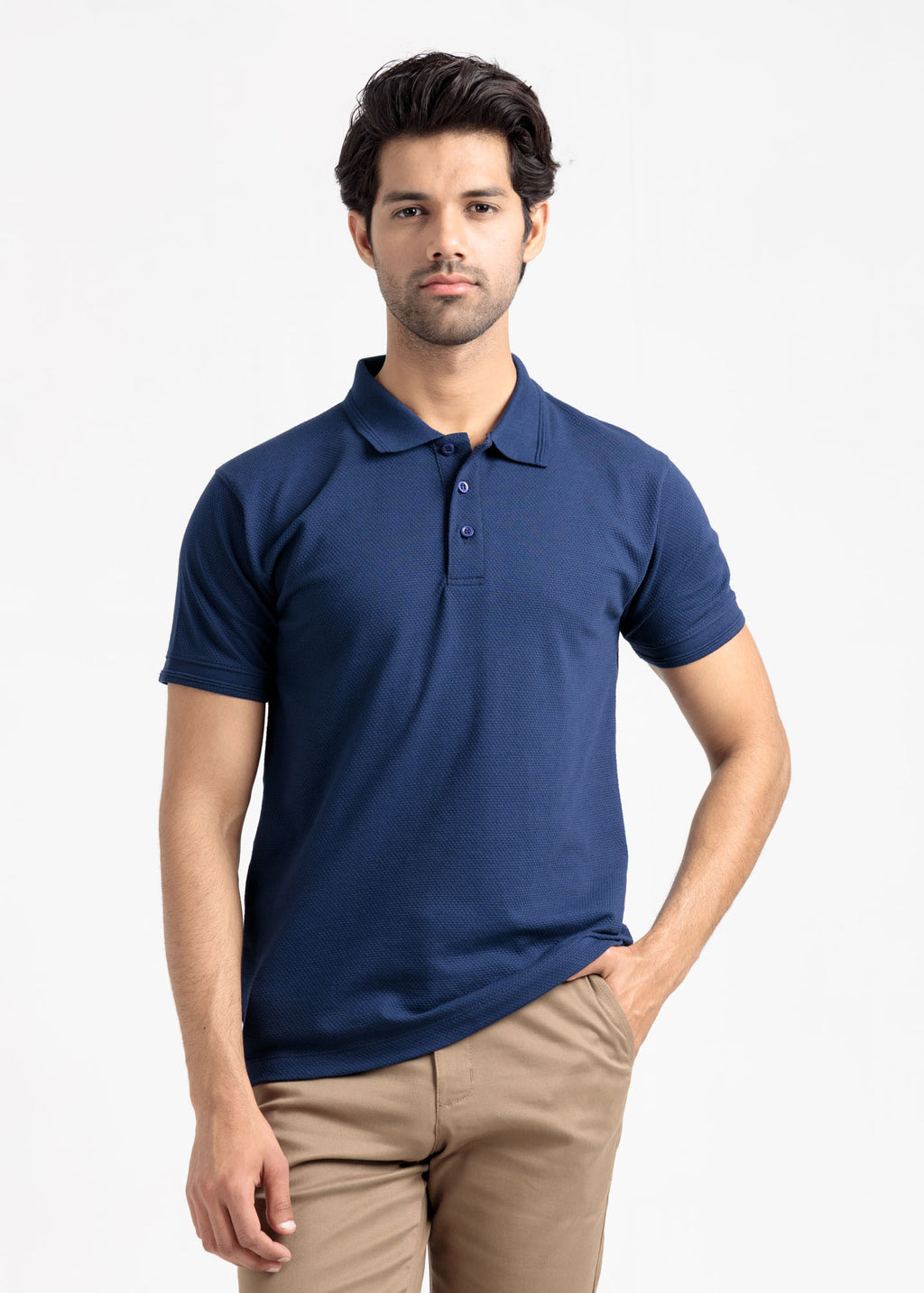 Popcorn Jacquard Polo Shirt — Navy Blue
