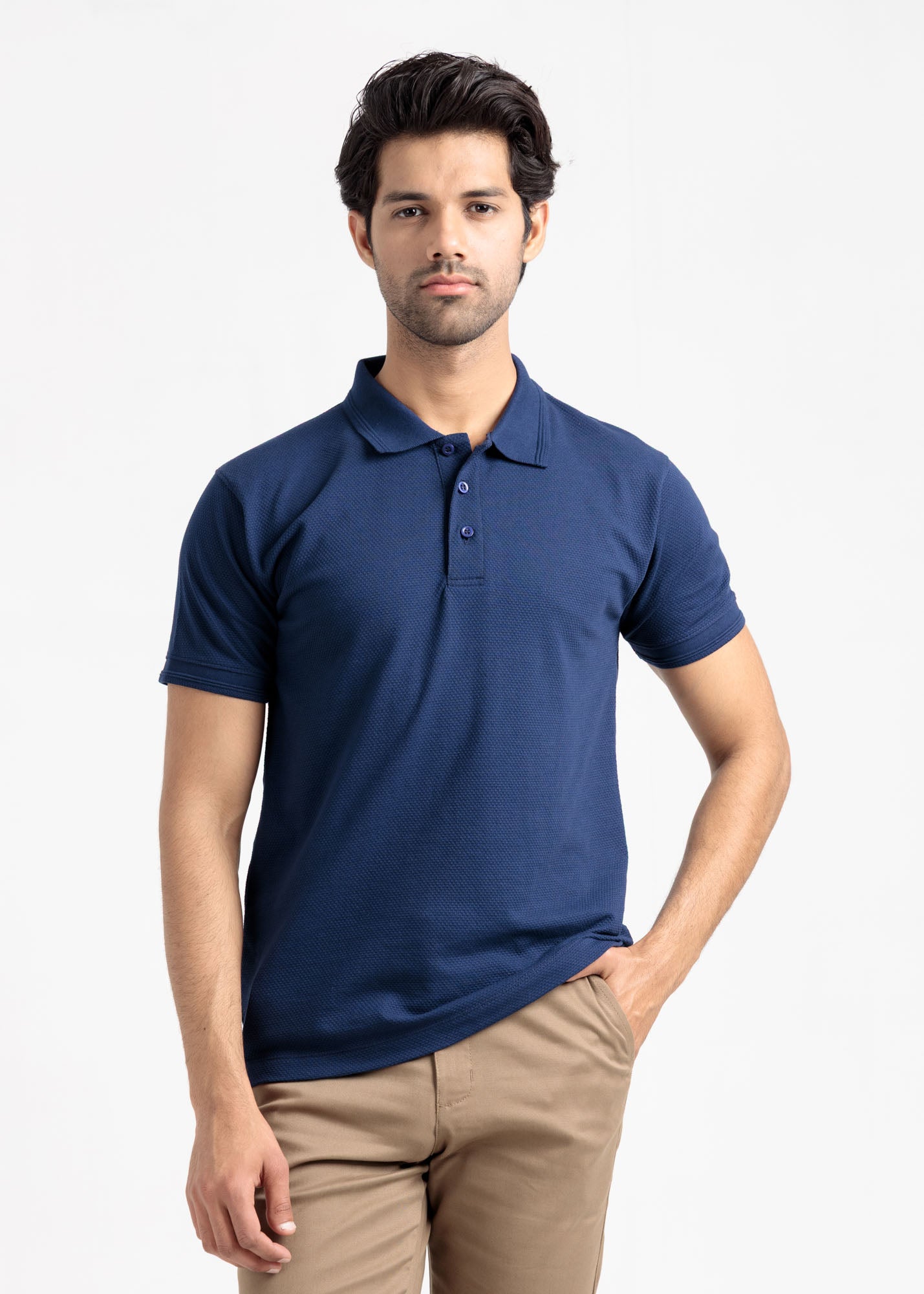 Popcorn Jacquard Polo Shirt — Navy Blue