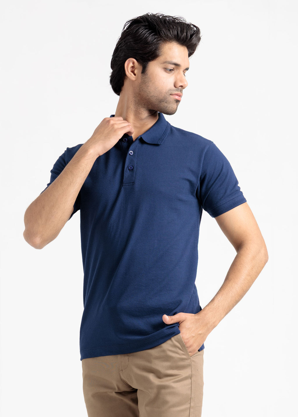 Popcorn Jacquard Polo Shirt — Navy Blue