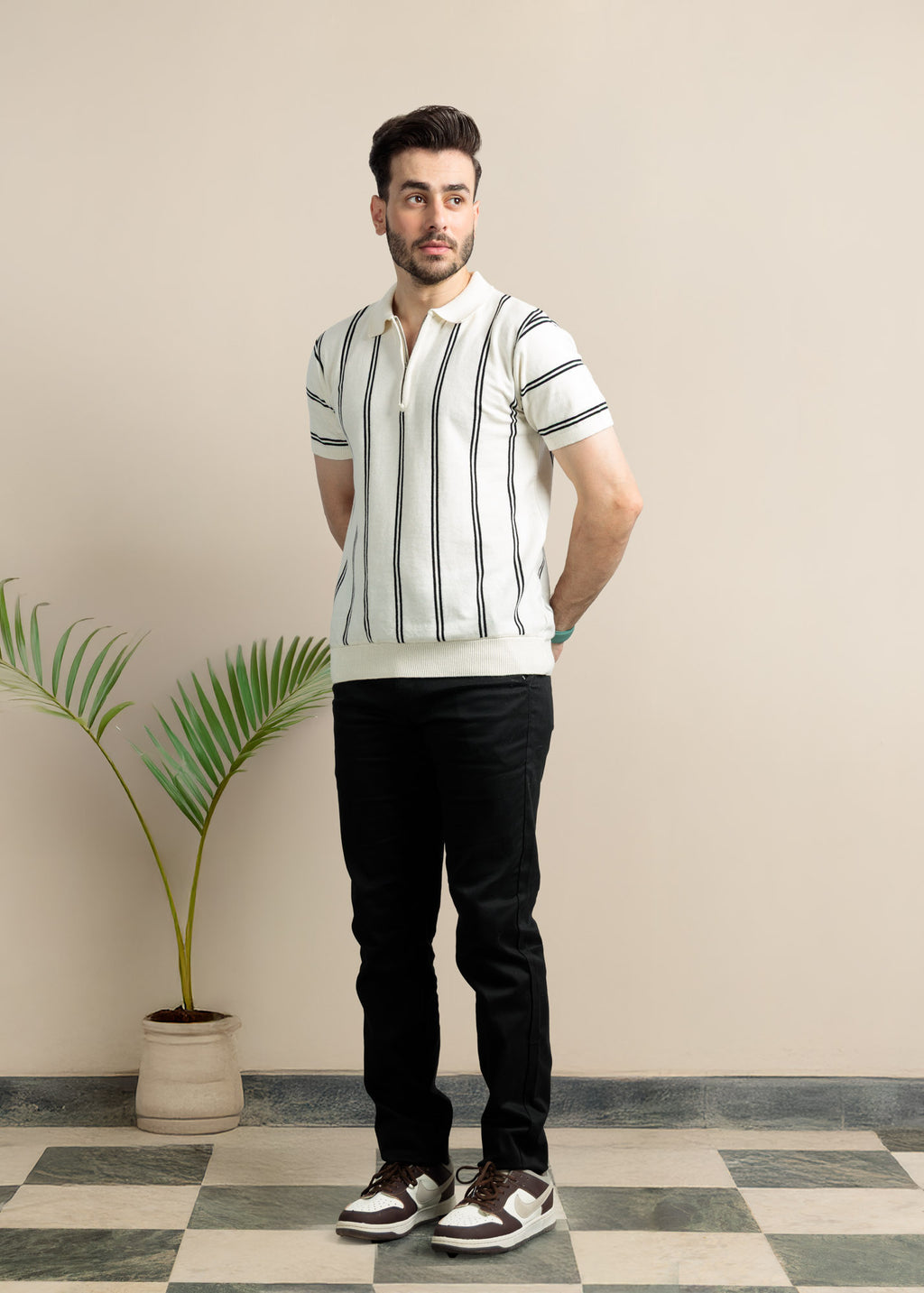 Men's Ribbed Zip Polo – Black on White