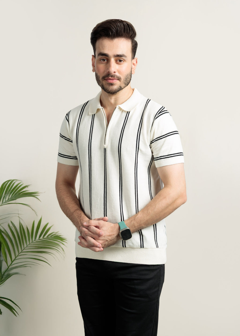 Men's Ribbed Zip Polo – Black on White