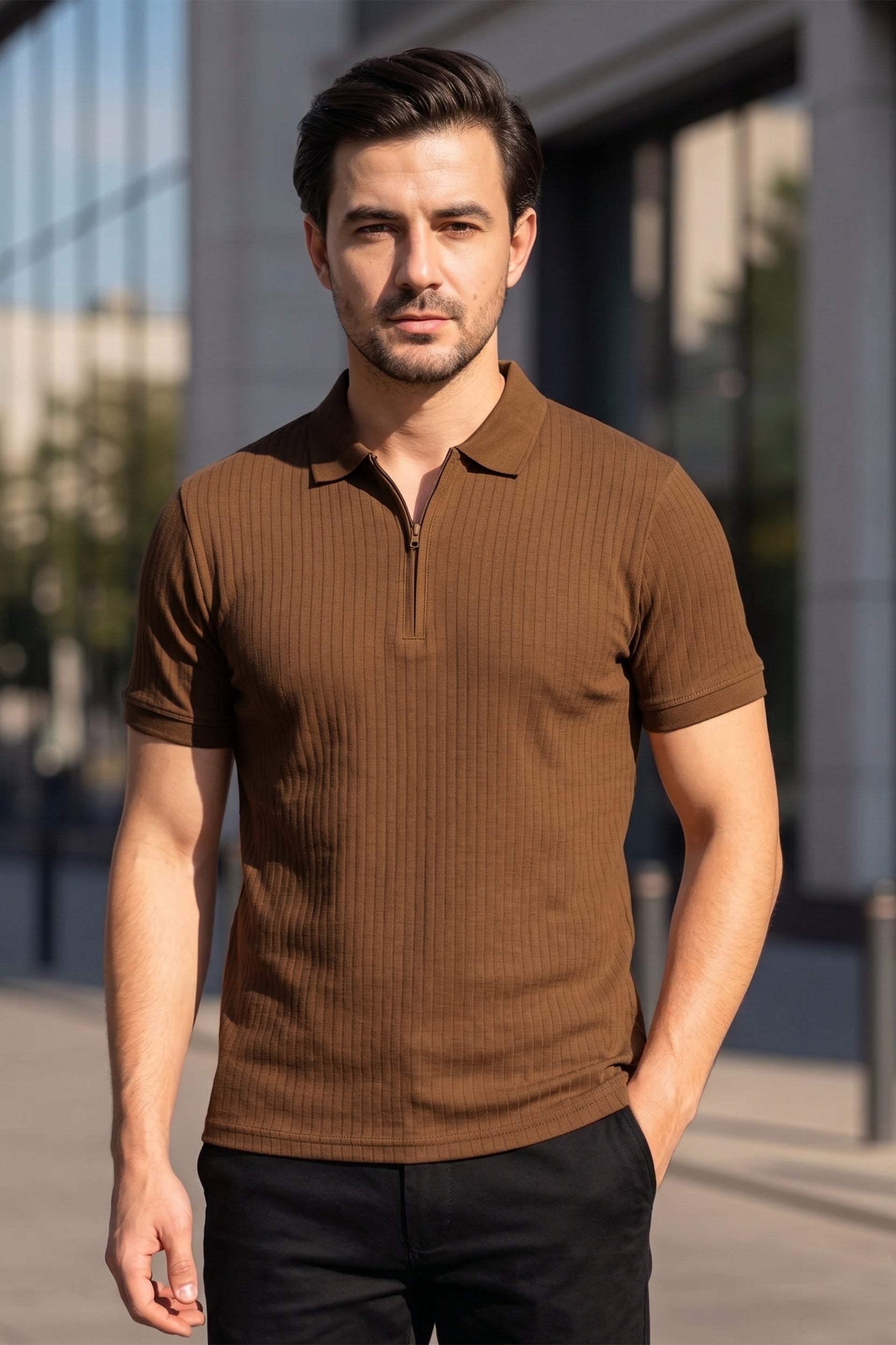 Camel Drop Needle Polo Shirt