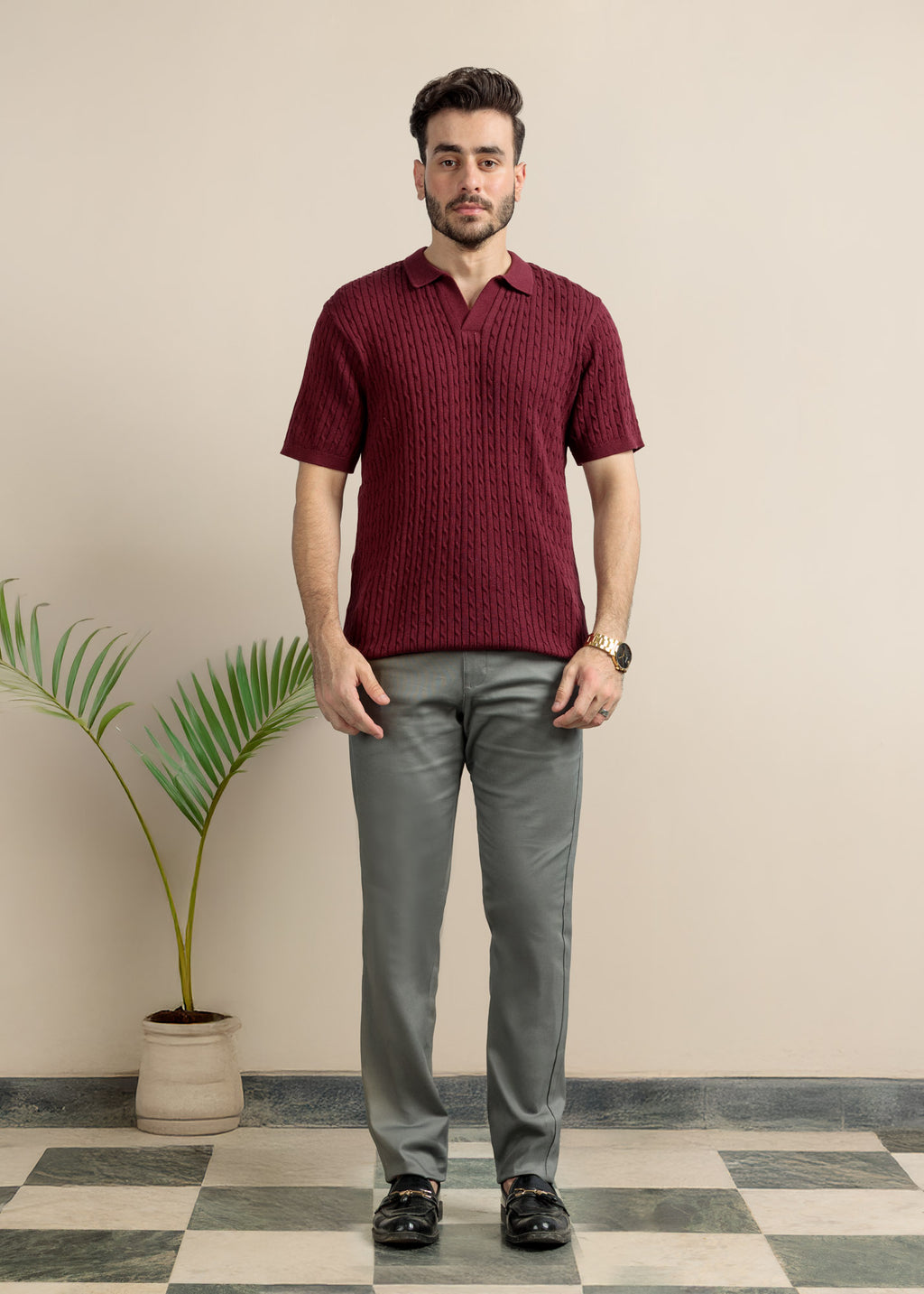Men's Cable Knit Polo- Deep Maroon