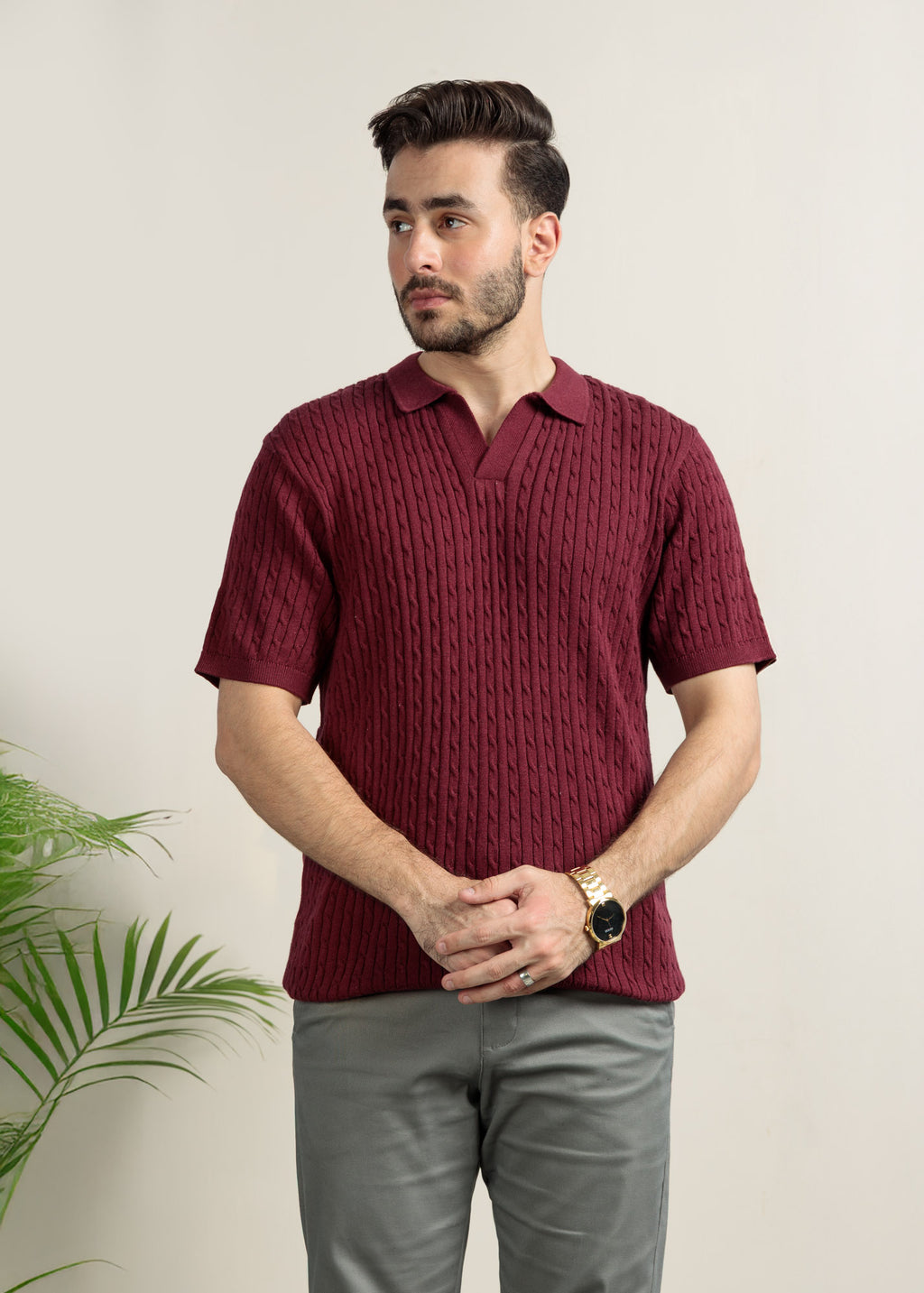Men's Cable Knit Polo- Deep Maroon