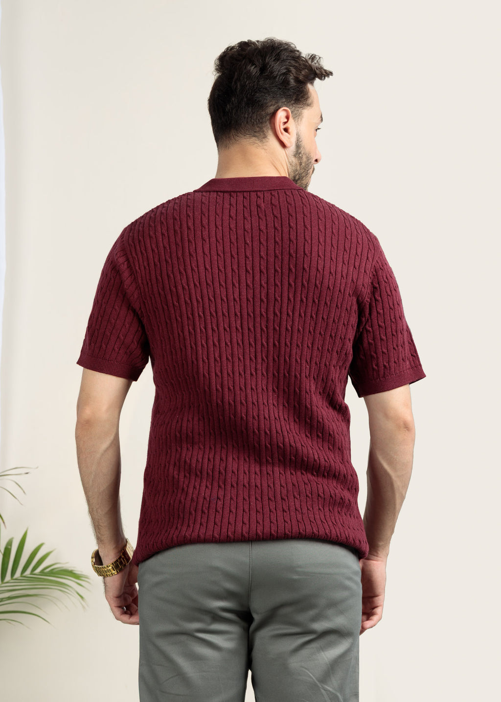 Men's Cable Knit Polo- Deep Maroon
