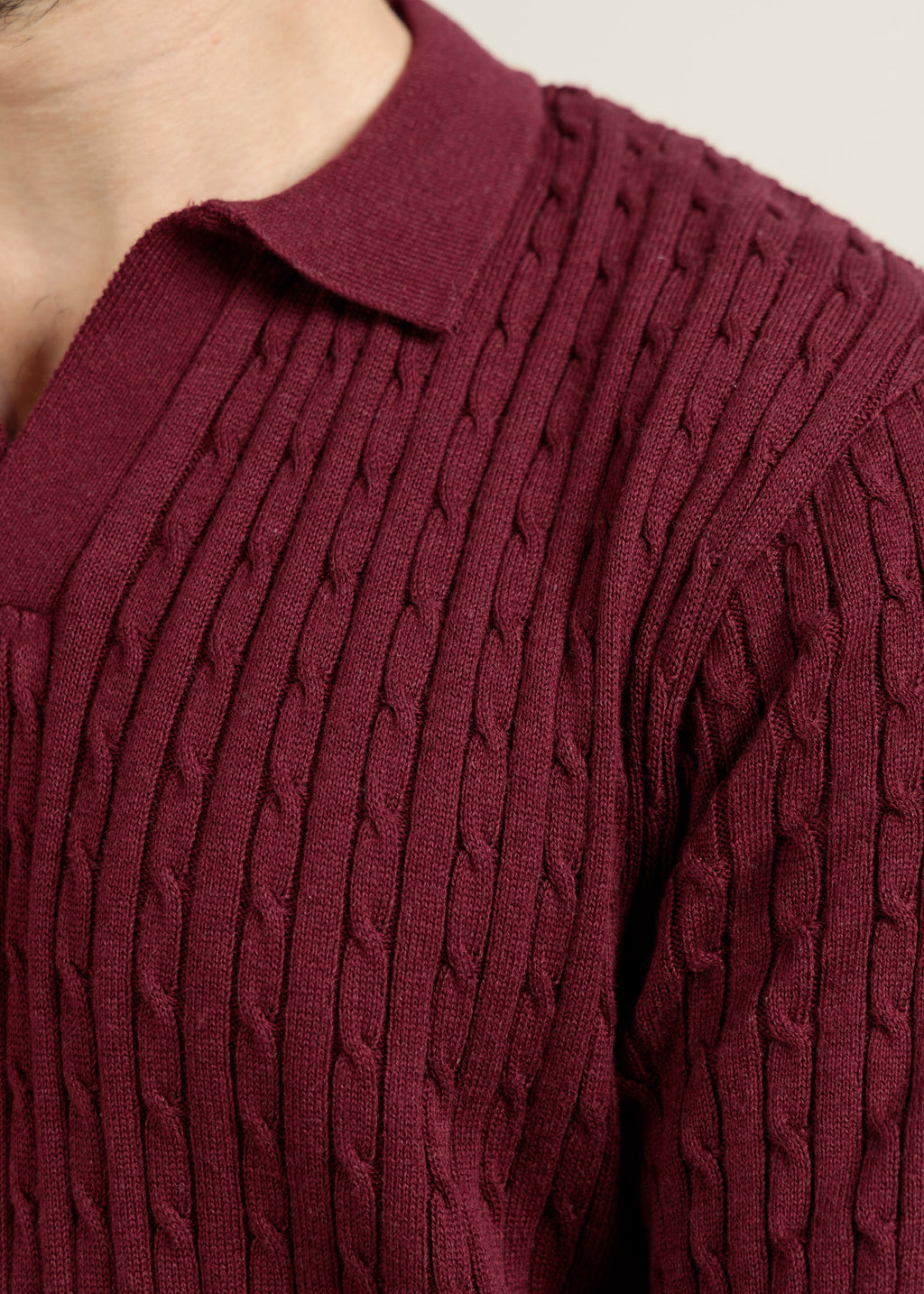 Men's Cable Knit Polo- Deep Maroon