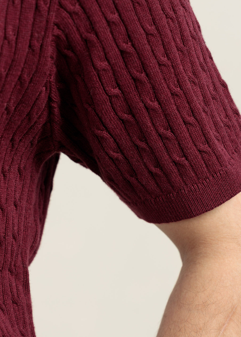 Men's Cable Knit Polo- Deep Maroon