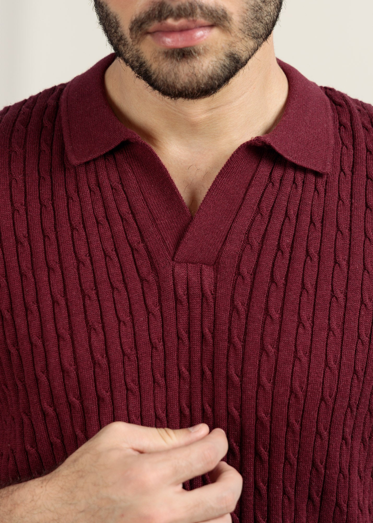 Men's Cable Knit Polo- Deep Maroon