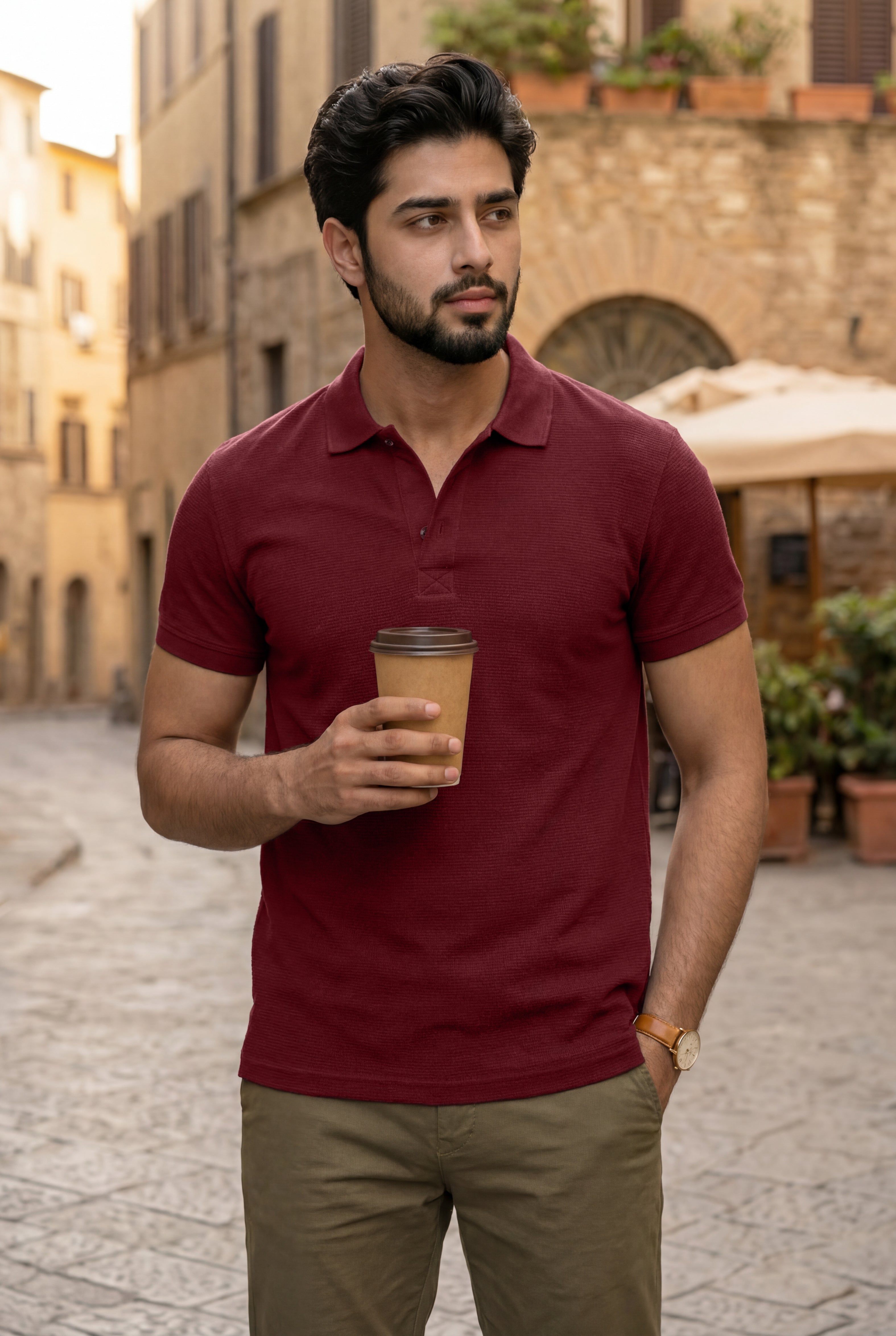 Ottoman Knit Polo Shirt—Maroon
