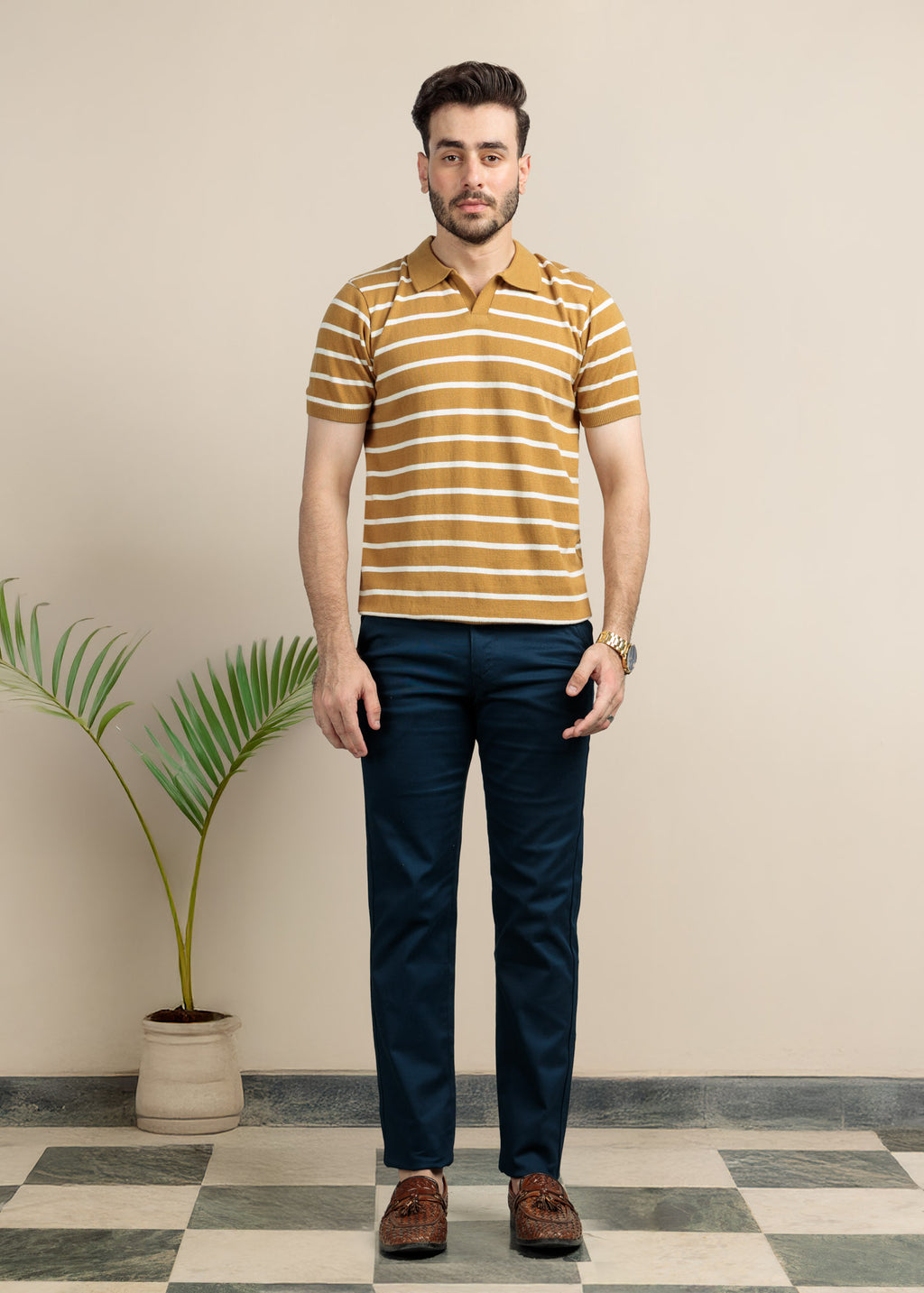 Men's Knit Polo- Golden Brown Stripe