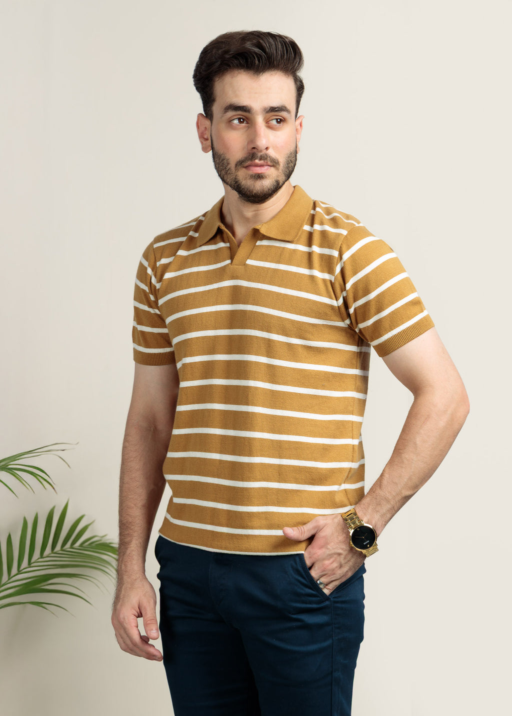 Men's Knit Polo- Golden Brown Stripe