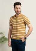 Men's Knit Polo- Golden Brown Stripe