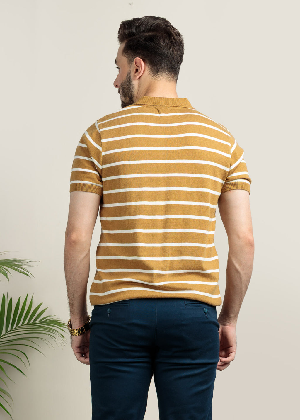 Men's Knit Polo- Golden Brown Stripe