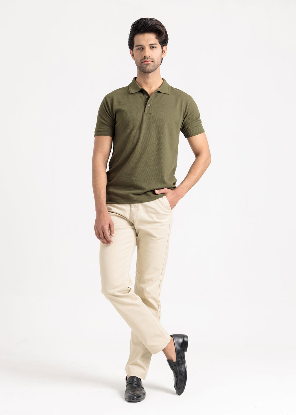 Popcorn Jacquard Polo Shirt — Olive Green