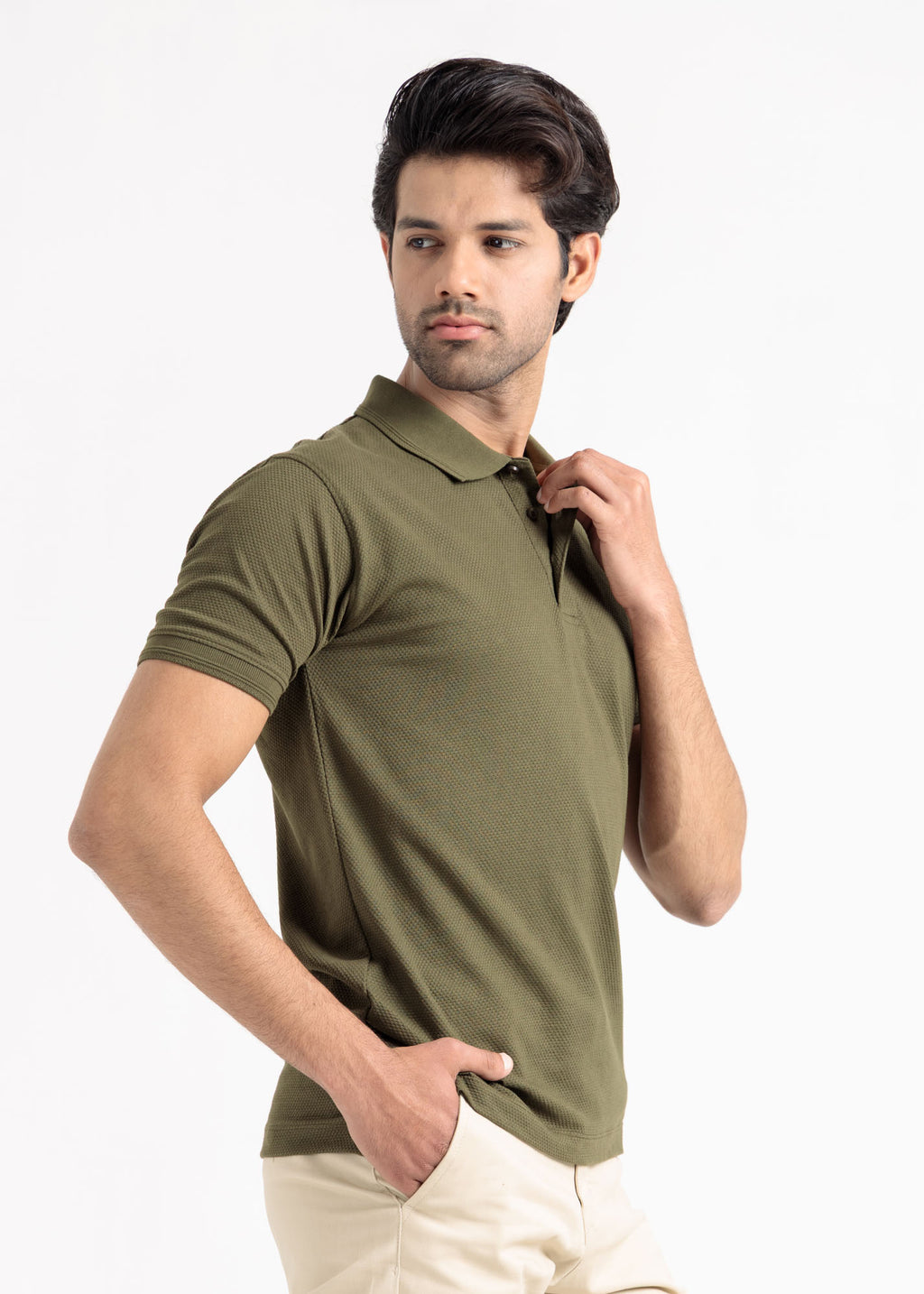 Popcorn Jacquard Polo Shirt — Olive Green