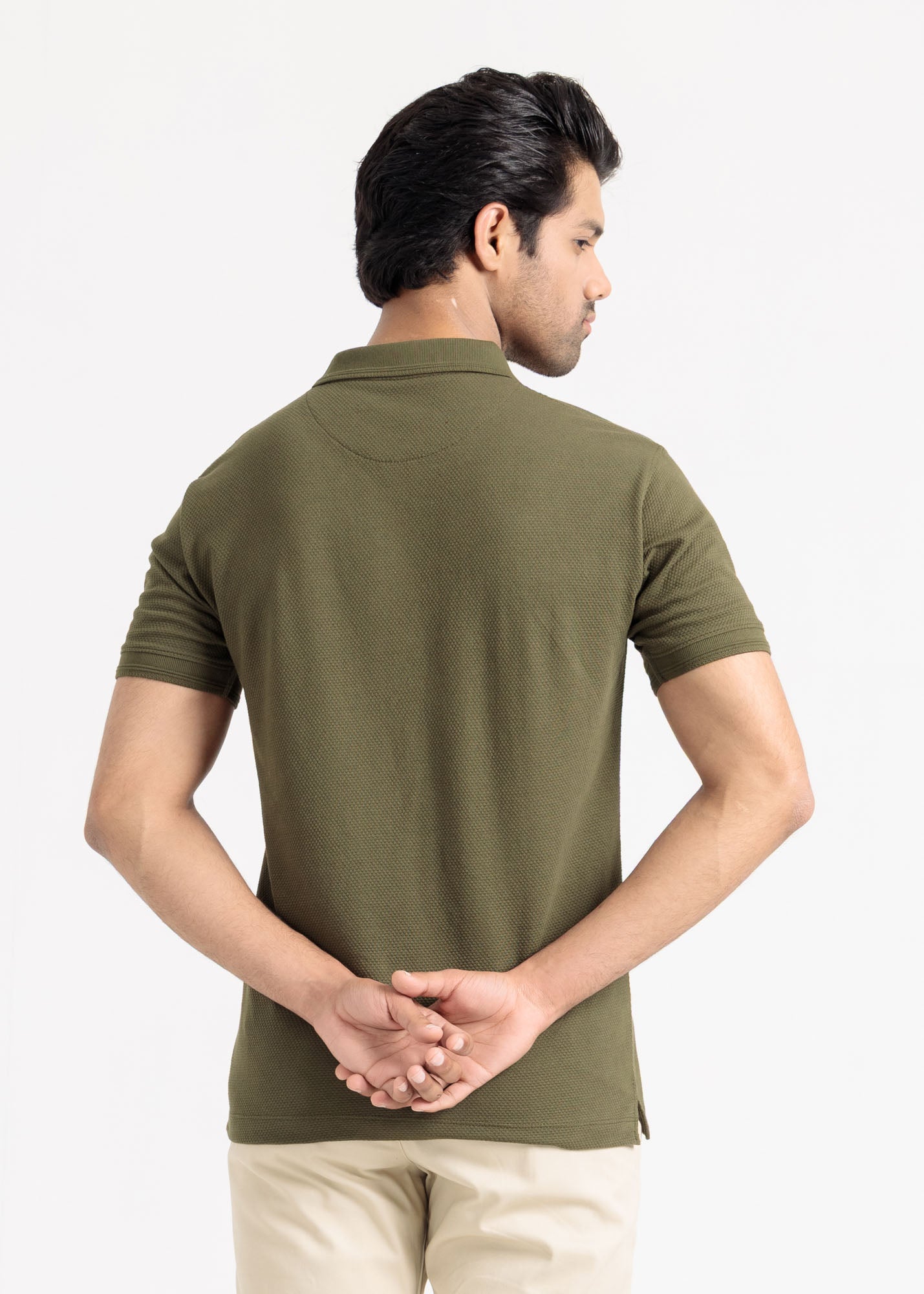 Popcorn Jacquard Polo Shirt — Olive Green
