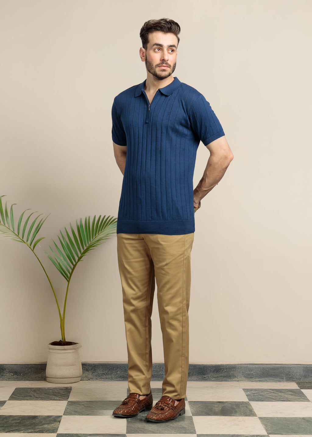 Men's Ribbed Zip Polo – Navy Blue