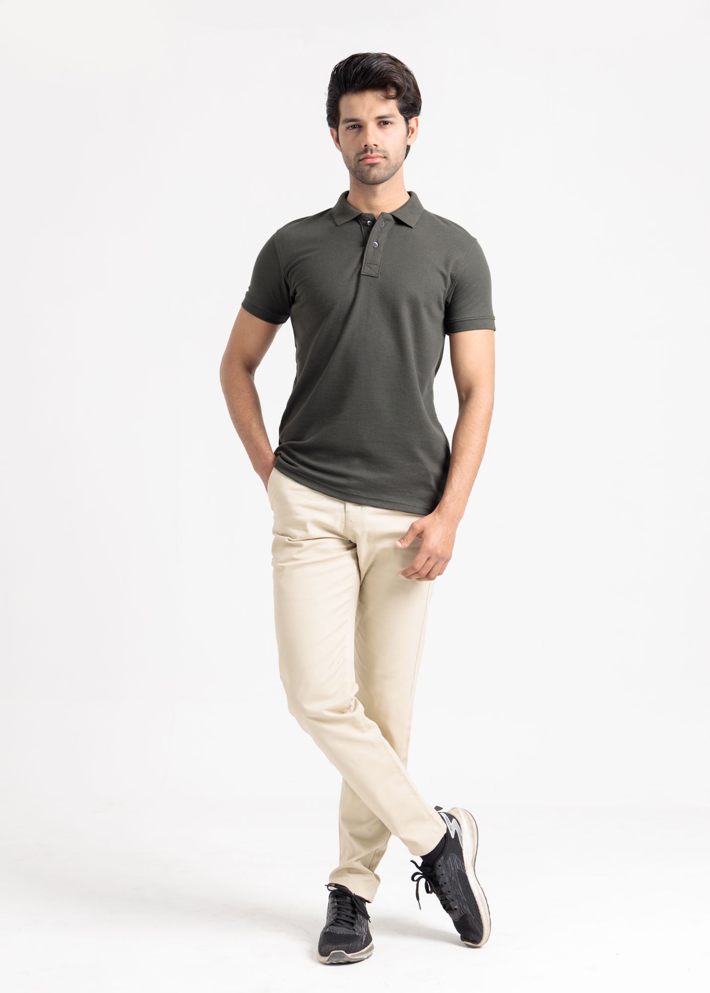 Waffle Knit Polo Shirt — Military Olive