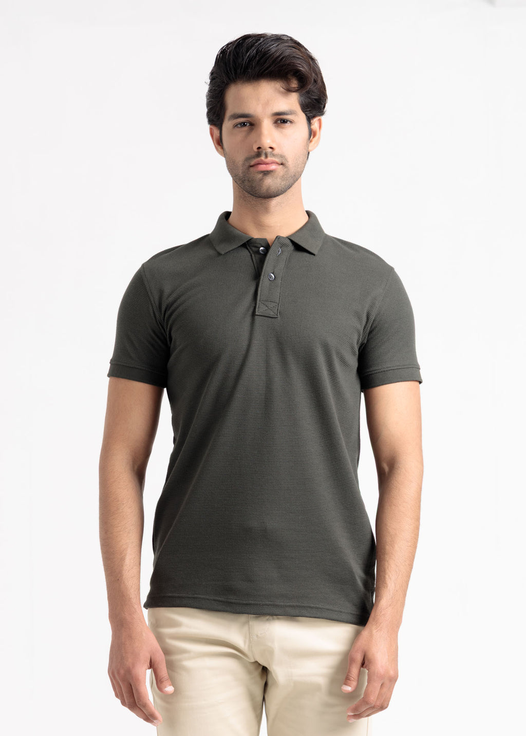 Waffle Knit Polo Shirt — Military Olive