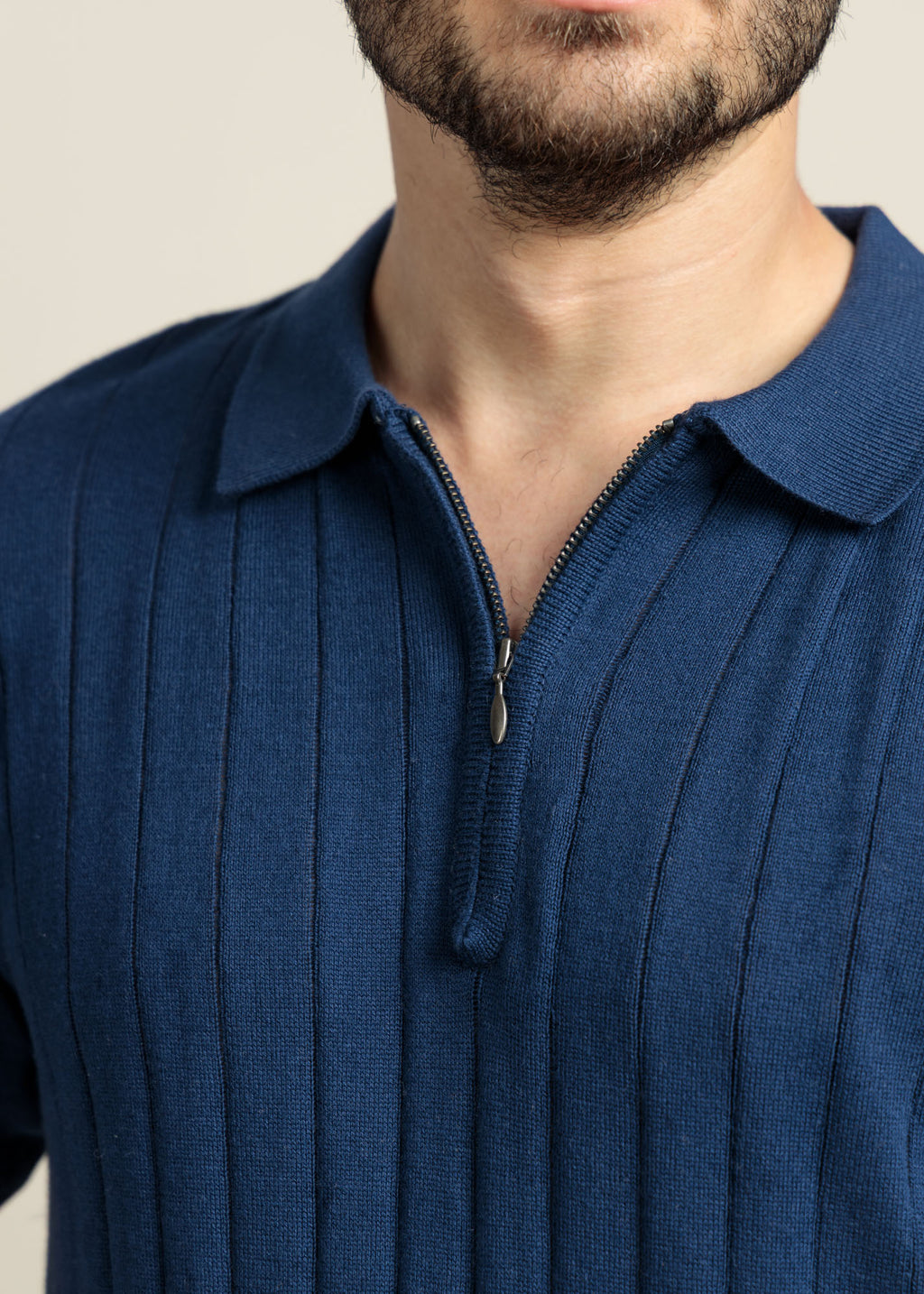 Men's Ribbed Zip Polo – Navy Blue