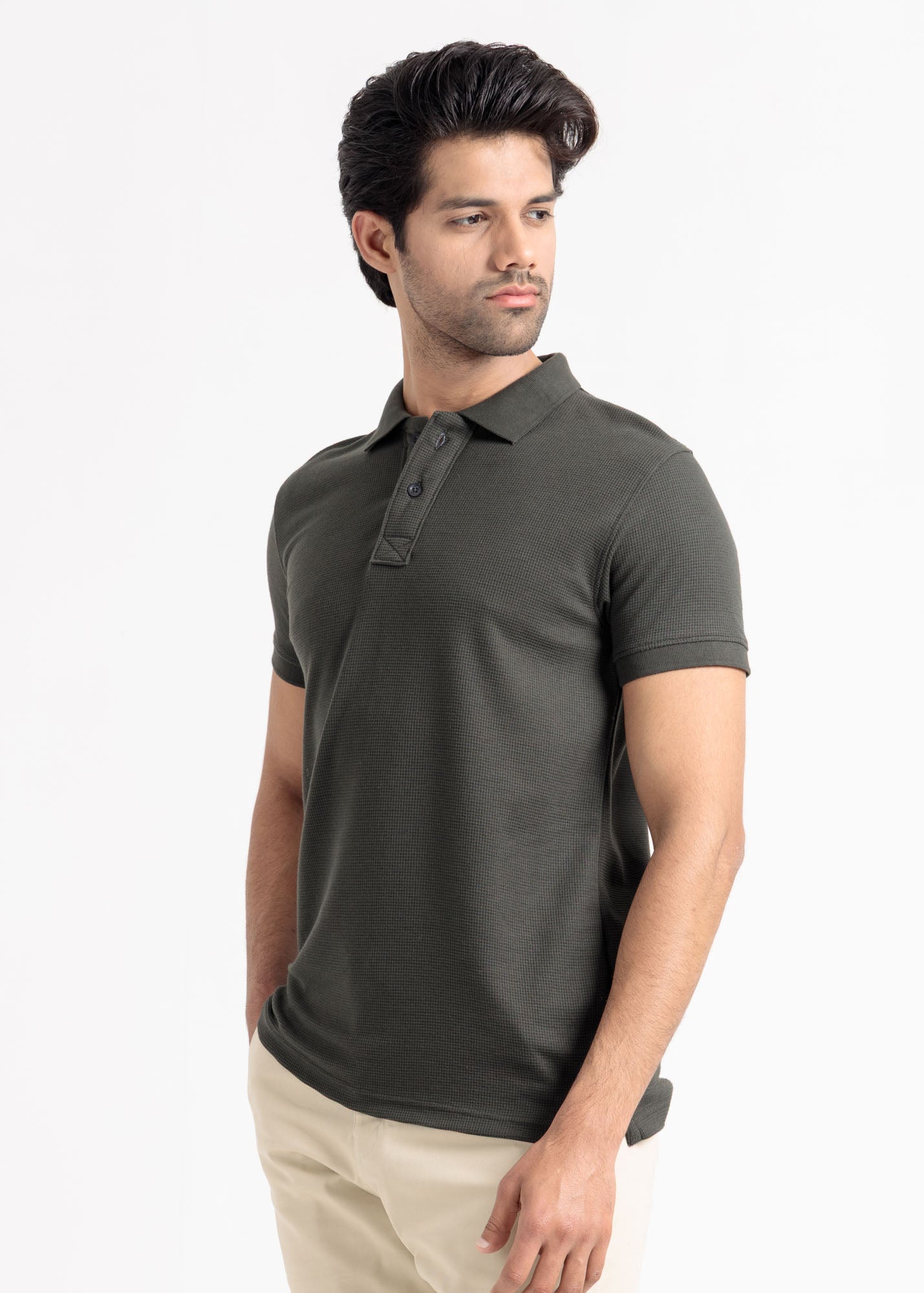 Waffle Knit Polo Shirt — Military Olive