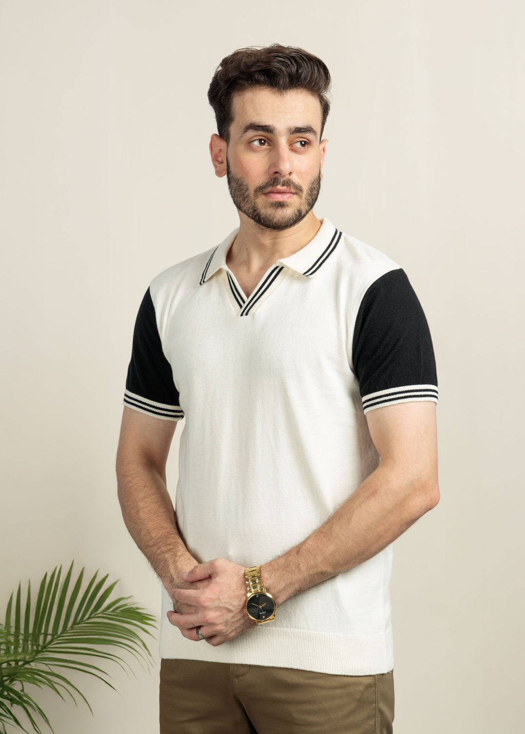 Contrast Sleeve Knit Polo-White&Black