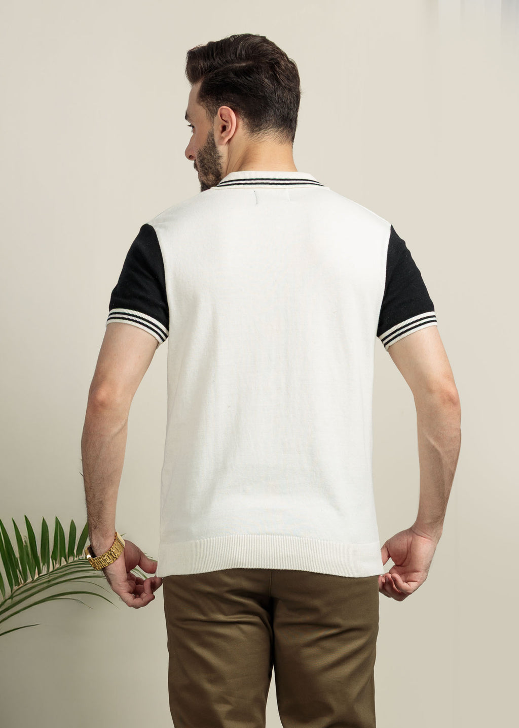 Contrast Sleeve Knit Polo-White&Black