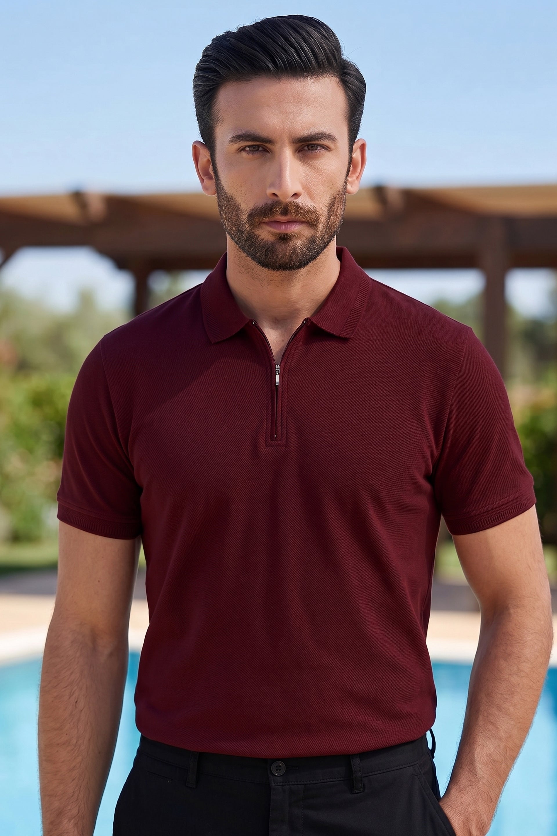 Deep Maroon Zip Polo Shirt