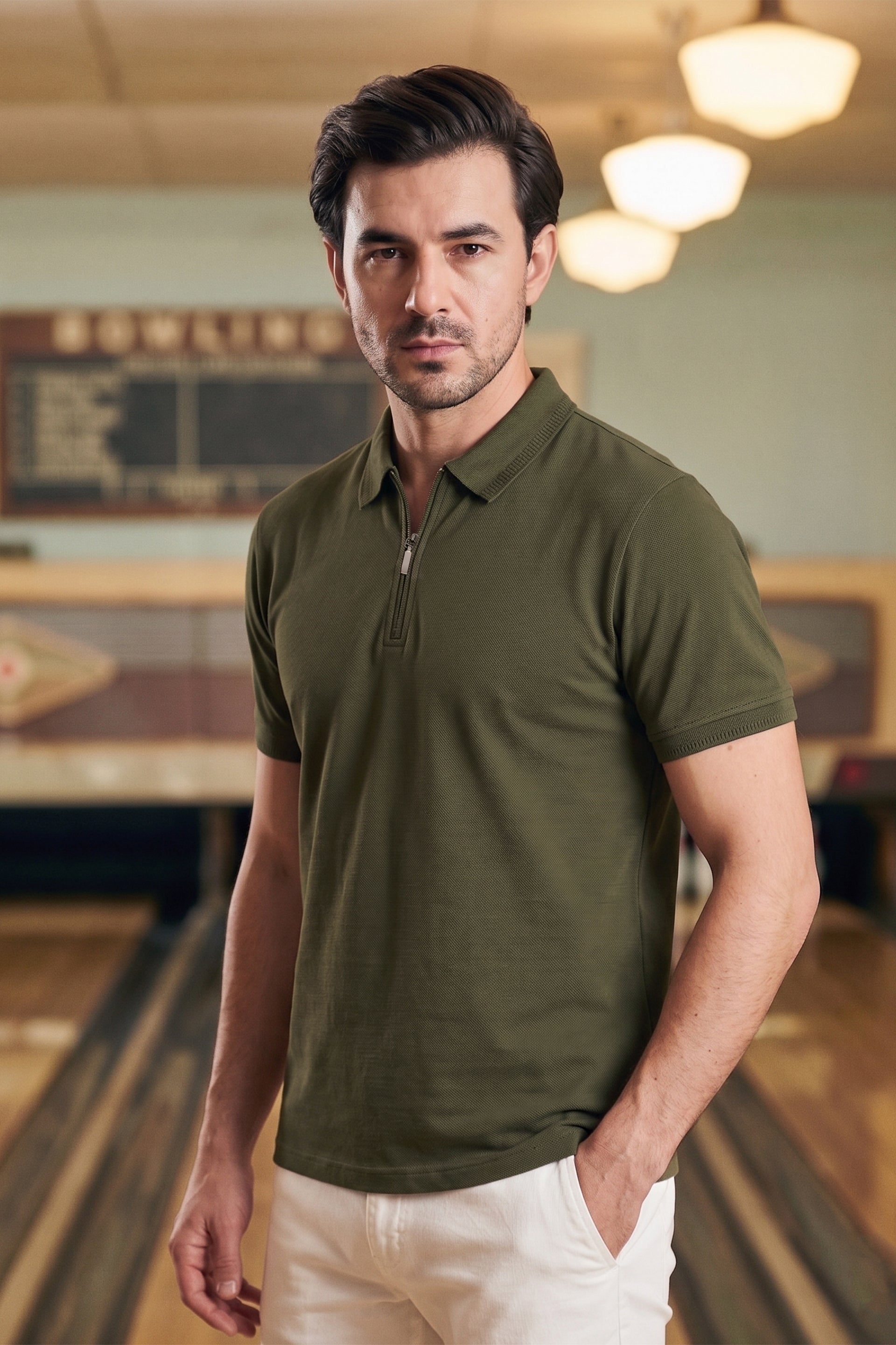 Moss Olive Zip Polo Shirt