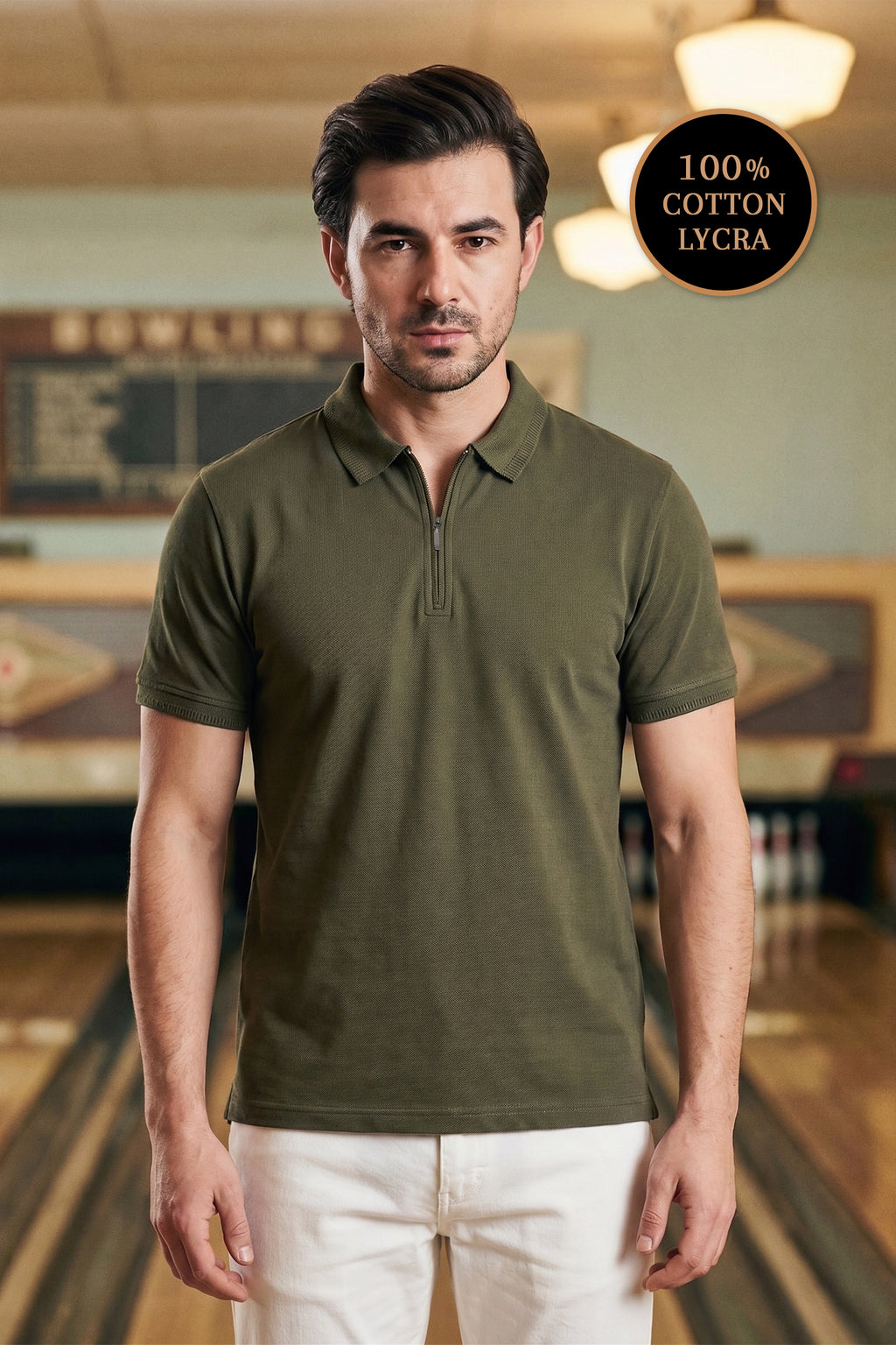 Moss Olive Zip Polo Shirt