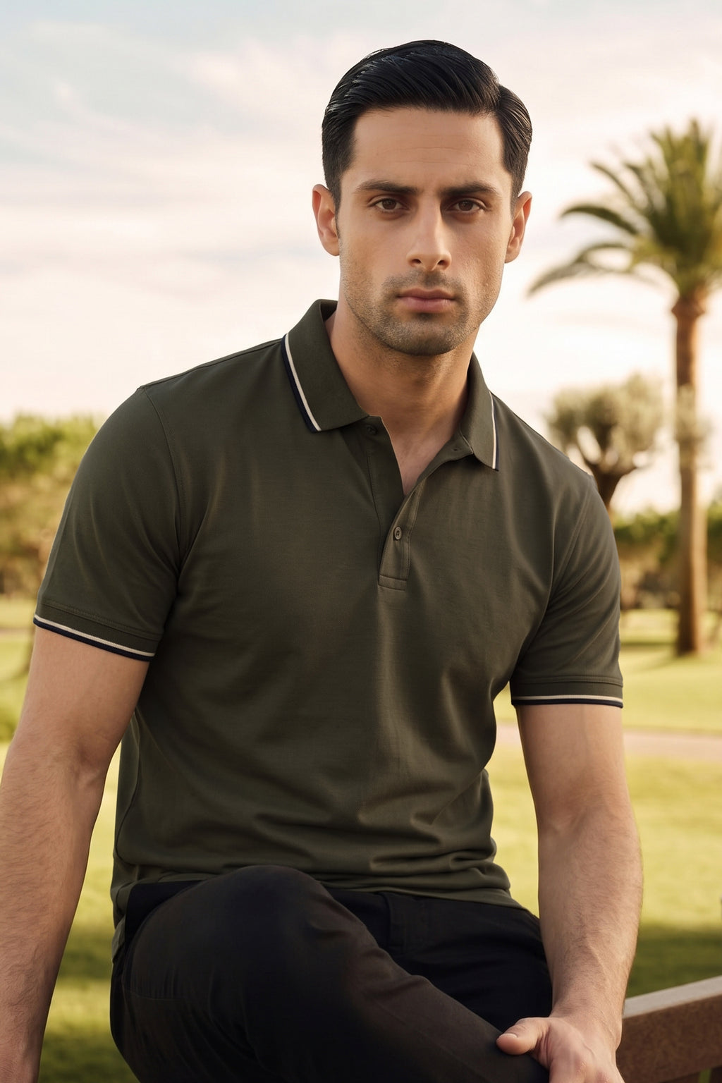 Olive Cotton Lycra Polo Shirt