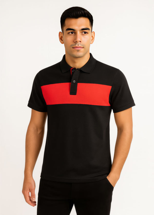 Black and Red Color Block Popcorn Polo Shirt