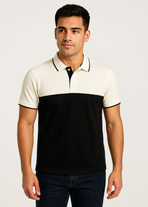 Black and White Color Block Popcorn Polo Shirt