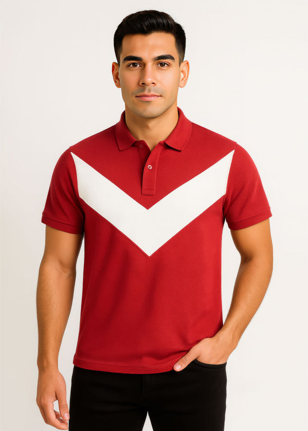 Red and White Color Block Popcorn Polo Shirt
